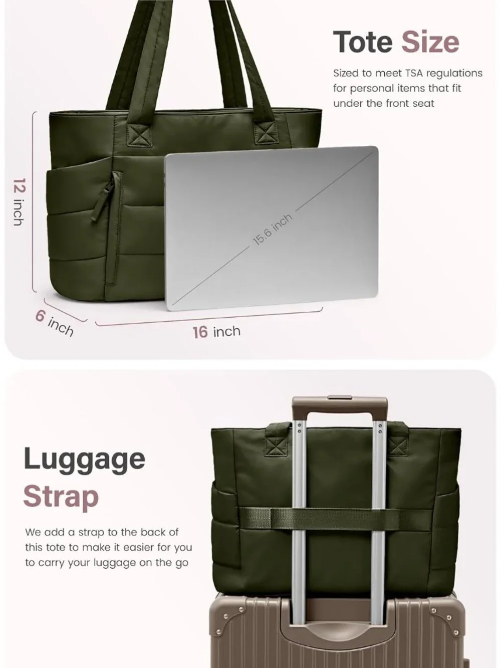 👜Women's Olive Green Quilted Puffer Tote Bag Zipper Work Bag With Compartments